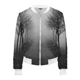 Женский бомбер 3D с принтом Тропинка в Ухте, 100% полиэстер | застегивается на молнию, по бокам два кармана без застежек, мягкие манжеты, по низу бомбера и на воротнике — эластичная резинка | деревья | дорожка | природа | тропинка | туман
