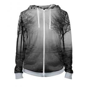 Женская толстовка 3D на молнии с принтом Тропинка в Ухте, 100% полиэстер | длина до линии бедра, манжеты и пояс оформлены мягкой тканевой резинкой, двухслойный капюшон со шнурком для регулировки, спереди молния, по бокам два кармана | деревья | дорожка | природа | тропинка | туман