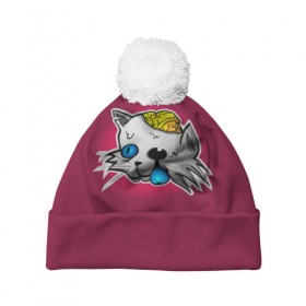 Шапка 3D c помпоном с принтом Зомбо кот в Ухте, 100% полиэстер | универсальный размер, печать по всей поверхности изделия | 