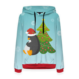 Женская толстовка 3D с принтом Новогодний пингвинчик в Ухте, 100% полиэстер  | двухслойный капюшон со шнурком для регулировки, мягкие манжеты на рукавах и по низу толстовки, спереди карман-кенгуру с мягким внутренним слоем. | елка | новый год | пингвин