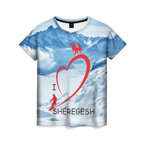 Женская футболка 3D с принтом Love Sheregesh в Ухте, 100% полиэфир ( синтетическое хлопкоподобное полотно) | прямой крой, круглый вырез горловины, длина до линии бедер | gesh | геш | лыжи | лыжник | сноуборд | шерегеш | шершавель