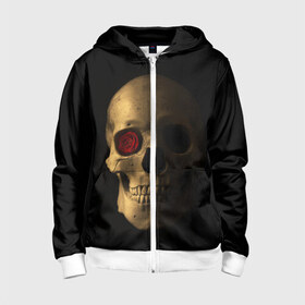 Детская толстовка 3D на молнии с принтом Череп и роза в Ухте, 100% полиэстер |  манжеты и пояс оформлены широкой мягкой резинкой, двухслойный капюшон со шнурком для регулировки, спереди карманы и застежка-молния
 | 