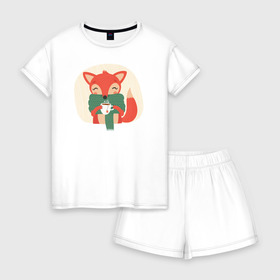 Женская пижама с шортиками хлопок с принтом Лисица с чаем в Ухте, 100% хлопок | футболка прямого кроя, шорты свободные с широкой мягкой резинкой | лиса | лисенок | лисица | лисичка