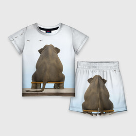 Детский костюм с шортами 3D Слон и журавли: в Ухте,  |  | bench | coast | cranes | dream | elephant | flight | sea | sitting | берег | журавли | мечты | море | полет | сидит | скамейка | слон