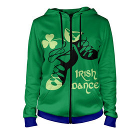 Женская толстовка 3D на молнии с принтом Ireland, Irish dance в Ухте, 100% полиэстер | длина до линии бедра, манжеты и пояс оформлены мягкой тканевой резинкой, двухслойный капюшон со шнурком для регулировки, спереди молния, по бокам два кармана | background | black | clover | dance | green | ireland | irish | petal | soft shoes | зеленый | ирландия | ирландский | клевер | лепесток | мягкая | обувь | танец | фон | черная