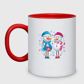Кружка двухцветная с принтом Снеговики. Любовь. Рождество. в Ухте, керамика | объем — 330 мл, диаметр — 80 мм. Цветная ручка и кайма сверху, в некоторых цветах — вся внутренняя часть | Тематика изображения на принте: 