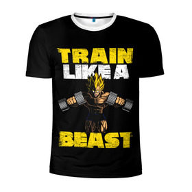Мужская футболка 3D спортивная с принтом Train Like a Beast в Ухте, 100% полиэстер с улучшенными характеристиками | приталенный силуэт, круглая горловина, широкие плечи, сужается к линии бедра | dragon ball | strong | workout | воркаут | драгон бол