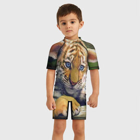 Детский купальный костюм 3D с принтом Тигренок в Ухте, Полиэстер 85%, Спандекс 15% | застежка на молнии на спине | животные | котенок | кошка. кот | тигр | тигренок