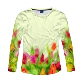Женский лонгслив 3D с принтом Тюльпаны в Ухте, 100% полиэстер | длинные рукава, круглый вырез горловины, полуприлегающий силуэт | 