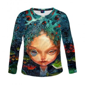 Женский лонгслив 3D с принтом Fantasy art в Ухте, 100% полиэстер | длинные рукава, круглый вырез горловины, полуприлегающий силуэт | art | bright | bubbles | color | colors | face | fish | girl | painting | pattern | patterns | water | вода | девушка | искусство | картина | краски | лицо | орнамент | пузыри | рыбы | творчество | узоры | цвет | яркие