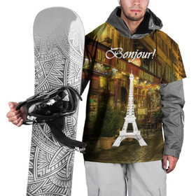 Накидка на куртку 3D с принтом Bonjour в Ухте, 100% полиэстер |  | bonjour | cafes | eiffel tower | lights | night | paris street | shop windows | shops | the city | витрины | город | кафе | магазины | ночь | огни | париж | привет | улица | эйфелева башня