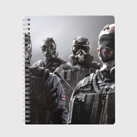 Тетрадь с принтом Tom Clancy Rainbow Six в Ухте, 100% бумага | 48 листов, плотность листов — 60 г/м2, плотность картонной обложки — 250 г/м2. Листы скреплены сбоку удобной пружинной спиралью. Уголки страниц и обложки скругленные. Цвет линий — светло-серый
 | clancy | rainbow | six | tom | автоматы | игры | маски | мужчины | осада | солдаты
