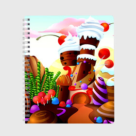 Тетрадь с принтом Candy Town в Ухте, 100% бумага | 48 листов, плотность листов — 60 г/м2, плотность картонной обложки — 250 г/м2. Листы скреплены сбоку удобной пружинной спиралью. Уголки страниц и обложки скругленные. Цвет линий — светло-серый
 | конфеты | пирожные | сладости | яркий