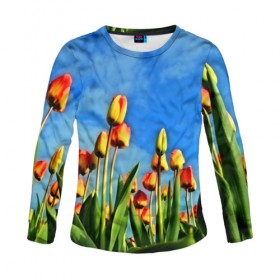Женский лонгслив 3D с принтом Тюльпаны в Ухте, 100% полиэстер | длинные рукава, круглый вырез горловины, полуприлегающий силуэт | 