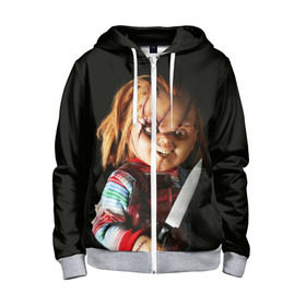 Детская толстовка 3D на молнии с принтом Чаки в Ухте, 100% полиэстер |  манжеты и пояс оформлены широкой мягкой резинкой, двухслойный капюшон со шнурком для регулировки, спереди карманы и застежка-молния
 | Тематика изображения на принте: chucky | кино | кровь | кукла | нож | ужасы | чаки