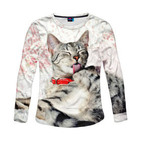 Женский лонгслив 3D с принтом Кошка в Ухте, 100% полиэстер | длинные рукава, круглый вырез горловины, полуприлегающий силуэт | cat | collar | heel | licking | lying | red | striped | кошка | красный | лежит | лижет | ошейник | полосатая | пятка