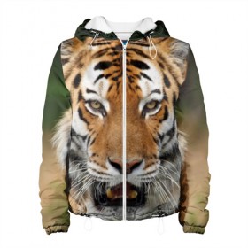 Женская куртка 3D с принтом Тигр в Ухте, ткань верха — 100% полиэстер, подклад — флис | прямой крой, подол и капюшон оформлены резинкой с фиксаторами, два кармана без застежек по бокам, один большой потайной карман на груди. Карман на груди застегивается на липучку | дикая кошка | клыки | кошка | пасть | сафари | тигр | хищник