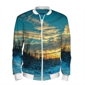 Мужской бомбер 3D с принтом Winter sunset в Ухте, 100% полиэстер | застегивается на молнию, по бокам два кармана без застежек, по низу бомбера и на воротнике - эластичная резинка | закат | лес зима | пейзаж
