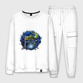 Мужской костюм хлопок с принтом Тролль в Ухте, 100% хлопок | на свитшоте круглая горловина, мягкая резинка по низу. Брюки заужены к низу, на них два вида карманов: два “обычных” по бокам и два объемных, с клапанами, расположенные ниже линии бедра. Брюки с мягкой трикотажной резинкой на поясе и по низу штанин. В поясе для дополнительного комфорта — широкие завязки | Тематика изображения на принте: барабаны | музыка | рок | тролль