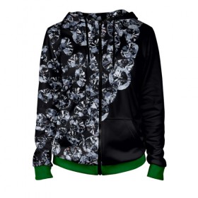 Женская толстовка 3D на молнии с принтом Алмазы в Ухте, 100% полиэстер | длина до линии бедра, манжеты и пояс оформлены мягкой тканевой резинкой, двухслойный капюшон со шнурком для регулировки, спереди молния, по бокам два кармана | алмаз | алмаз для резки стекла | бриллиант | бубны | диамант | прикольные | ромб