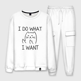 Мужской костюм хлопок с принтом I do what I want в Ухте, 100% хлопок | на свитшоте круглая горловина, мягкая резинка по низу. Брюки заужены к низу, на них два вида карманов: два “обычных” по бокам и два объемных, с клапанами, расположенные ниже линии бедра. Брюки с мягкой трикотажной резинкой на поясе и по низу штанин. В поясе для дополнительного комфорта — широкие завязки | cat | i do what i want | кот | коты | кошка