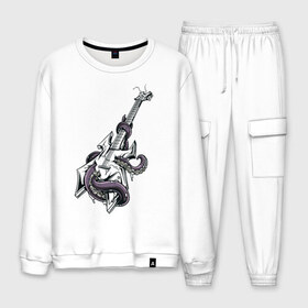 Мужской костюм хлопок с принтом Гитара в Ухте, 100% хлопок | на свитшоте круглая горловина, мягкая резинка по низу. Брюки заужены к низу, на них два вида карманов: два “обычных” по бокам и два объемных, с клапанами, расположенные ниже линии бедра. Брюки с мягкой трикотажной резинкой на поясе и по низу штанин. В поясе для дополнительного комфорта — широкие завязки | Тематика изображения на принте: гитара | металл | музыка | осьминог | рок