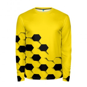 Мужской лонгслив 3D с принтом Футбольные текстуры в Ухте, 100% полиэстер | длинные рукава, круглый вырез горловины, полуприлегающий силуэт | Тематика изображения на принте: желтый | соты