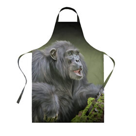 Фартук 3D с принтом Шимпанзе в Ухте, 100% полиэстер | общий размер — 65 х 85 см, ширина нагрудника — 26 см, горловина — 53 см, длина завязок — 54 см, общий обхват в поясе — 173 см. Принт на завязках и на горловине наносится с двух сторон, на основной части фартука — только с внешней стороны | животные | обезьяна 