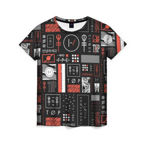 Женская футболка 3D с принтом Twenty One Pilots в Ухте, 100% полиэфир ( синтетическое хлопкоподобное полотно) | прямой крой, круглый вырез горловины, длина до линии бедер | josh dun | rock | t.o.p. | top | twenty one pilots | tyler joseph | джош дан | рок | тайлер джозеф