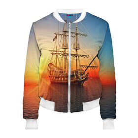 Женский бомбер 3D с принтом Фрегат в Ухте, 100% полиэстер | застегивается на молнию, по бокам два кармана без застежек, мягкие манжеты, по низу бомбера и на воротнике — эластичная резинка | Тематика изображения на принте: 3d | blue | брызги | вмф | вода | военный | волны | исторический | капли | корабль | лето | море | моряк | океан | природа | фрегат | шторм
