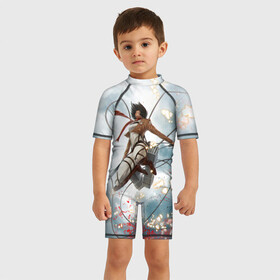 Детский купальный костюм 3D с принтом Летящая Микаса в Ухте, Полиэстер 85%, Спандекс 15% | застежка на молнии на спине | attack on titan | атака титанов | вторжение гигантов | микаса
