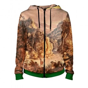 Женская толстовка 3D на молнии с принтом Живопись в Ухте, 100% полиэстер | длина до линии бедра, манжеты и пояс оформлены мягкой тканевой резинкой, двухслойный капюшон со шнурком для регулировки, спереди молния, по бокам два кармана | 3d | деревья | другие | живопись | картина | лес | прикольные | природа | туман