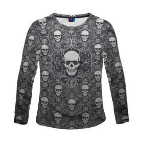 Женский лонгслив 3D с принтом Black Milk - Skulls - Черепа в Ухте, 100% полиэстер | длинные рукава, круглый вырез горловины, полуприлегающий силуэт | black milk | metall | pattern | rock | skulls | патерн | узор | череп | черепа | черная