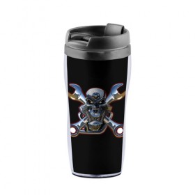 Термокружка-непроливайка с принтом Череп двигатель в Ухте, внутренняя часть — пищевой пластик, наружная часть — прозрачный пластик, между ними — полиграфическая вставка с рисунком | объем — 350 мл, герметичная крышка | 