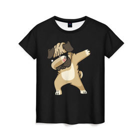Женская футболка 3D с принтом Dog dab в Ухте, 100% полиэфир ( синтетическое хлопкоподобное полотно) | прямой крой, круглый вырез горловины, длина до линии бедер | арт | животное | мопс | музыка | собака