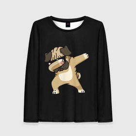 Женский лонгслив 3D с принтом Dog dab в Ухте, 100% полиэстер | длинные рукава, круглый вырез горловины, полуприлегающий силуэт | Тематика изображения на принте: арт | животное | мопс | музыка | собака