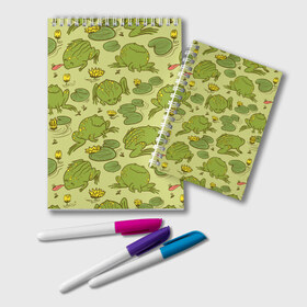 Блокнот с принтом Лягухи в Ухте, 100% бумага | 48 листов, плотность листов — 60 г/м2, плотность картонной обложки — 250 г/м2. Листы скреплены удобной пружинной спиралью. Цвет линий — светло-серый
 | Тематика изображения на принте: болото | жабы | квакухи | кувшинки | лягушки | паттерн