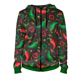 Женская толстовка 3D на молнии Перчики: в Ухте, 100% полиэстер | длина до линии бедра, манжеты и пояс оформлены мягкой тканевой резинкой, двухслойный капюшон со шнурком для регулировки, спереди молния, по бокам два кармана | еда | овощи | паттерн | перец