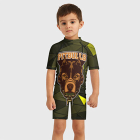 Детский купальный костюм 3D с принтом Pitbulls в Ухте, Полиэстер 85%, Спандекс 15% | застежка на молнии на спине | dog | pitbulls | абстракция | геометрия | животные | собака | треугольники | цепь