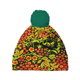 Шапка 3D c помпоном с принтом Khokhloma pattern в Ухте, 100% полиэстер | универсальный размер, печать по всей поверхности изделия | 