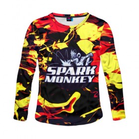Женский лонгслив 3D с принтом Spark monkey в Ухте, 100% полиэстер | длинные рукава, круглый вырез горловины, полуприлегающий силуэт | watercolor | абстракция красок | акварель | брызги красок | живопись | искры | картина | краска | потертость красок | размытые краски | сварщик | текстуры | художник | черно белый | яркие | яркие краски