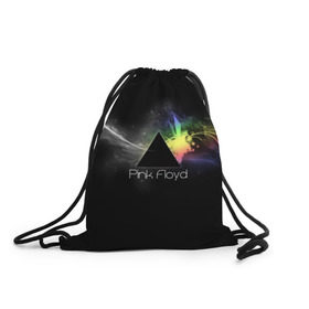 Рюкзак-мешок 3D с принтом Pink Floyd Logo в Ухте, 100% полиэстер | плотность ткани — 200 г/м2, размер — 35 х 45 см; лямки — толстые шнурки, застежка на шнуровке, без карманов и подкладки | Тематика изображения на принте: англия | басы | британия | гитара | группа | дым | космос | логотип | музыка | песни | пинк флойд | призма | радуга | рок | свет