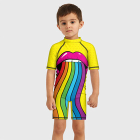 Детский купальный костюм 3D с принтом Pop art в Ухте, Полиэстер 85%, Спандекс 15% | застежка на молнии на спине | fun | lip color | mouth | pop art | rainbow | reggae | spectrum | style | summer | teeth | yellow | веселье | губы | желтый | зубы | лето | поп арт | радуга | рот | спектр | стиль | цвет