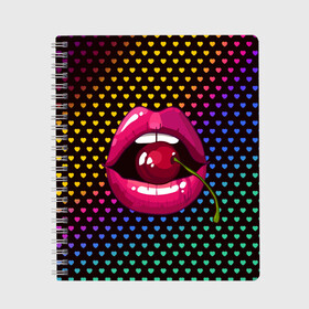 Тетрадь с принтом Pop art в Ухте, 100% бумага | 48 листов, плотность листов — 60 г/м2, плотность картонной обложки — 250 г/м2. Листы скреплены сбоку удобной пружинной спиралью. Уголки страниц и обложки скругленные. Цвет линий — светло-серый
 | cherry | colorful | fashion | funny | gesture | lips | lipstick | makeup | mouth | pop art | rainbow | style | веселый | вишенка | вишня | губы | жест | зубы | клубный | любовь | макияж | мода | помада | поп арт | прикольный | радуга | рот | стиль | страс