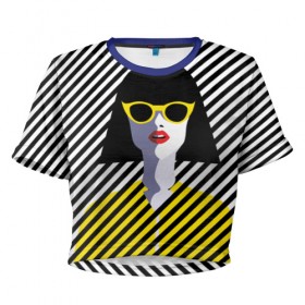 Женская футболка 3D укороченная с принтом Pop art girl в Ухте, 100% полиэстер | круглая горловина, длина футболки до линии талии, рукава с отворотами | abstraction | bright | color | fashion | hair | lines | lips | pop art | rack | red | style | yellow | абстракция | губы | желтый | каре | красный | линии | мода | очки | поп арт | прическа | стиль | цвет | яркий