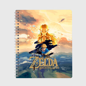 Тетрадь с принтом The Legend of Zelda в Ухте, 100% бумага | 48 листов, плотность листов — 60 г/м2, плотность картонной обложки — 250 г/м2. Листы скреплены сбоку удобной пружинной спиралью. Уголки страниц и обложки скругленные. Цвет линий — светло-серый
 | Тематика изображения на принте: breath of the wild | the legend of zelda