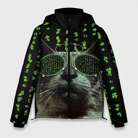 Мужская зимняя куртка 3D с принтом Кот в матрице в Ухте, верх — 100% полиэстер; подкладка — 100% полиэстер; утеплитель — 100% полиэстер | длина ниже бедра, свободный силуэт Оверсайз. Есть воротник-стойка, отстегивающийся капюшон и ветрозащитная планка. 

Боковые карманы с листочкой на кнопках и внутренний карман на молнии. | кот | матрица | очки