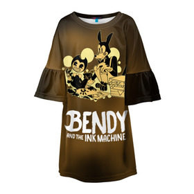 Детское платье 3D с принтом Bendy and the ink machine в Ухте, 100% полиэстер | прямой силуэт, чуть расширенный к низу. Круглая горловина, на рукавах — воланы | bendy | horror | ink | machine