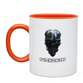 Кружка двухцветная с принтом Маска Корво в Ухте, керамика | объем — 330 мл, диаметр — 80 мм. Цветная ручка и кайма сверху, в некоторых цветах — вся внутренняя часть | Тематика изображения на принте: corvo | dishonored | korvo | outsider | дануол | корво | чужой