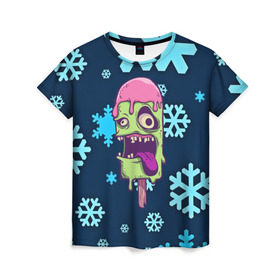 Женская футболка 3D с принтом Ice Cream в Ухте, 100% полиэфир ( синтетическое хлопкоподобное полотно) | прямой крой, круглый вырез горловины, длина до линии бедер | ice cream | зима | зомби | мороженое | снежинки